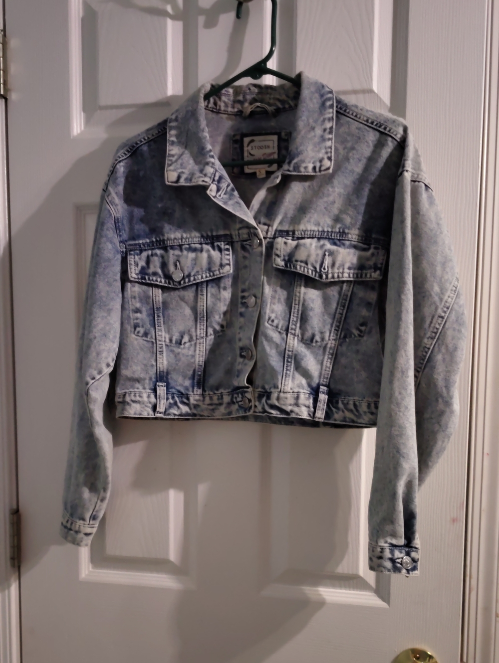 Vintage Cropped Acid-Wash Blue Denim Jacket, Size S